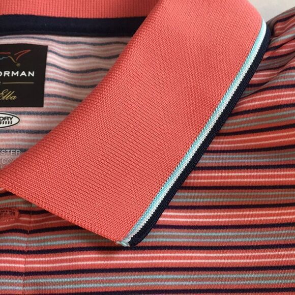 Greg Norman for Tasso Elba Polo Golf Shirt Men's XL Play Dry Salmon Striped - Picture 12 of 12